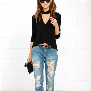 Lulus soho chic black long sleeve knit choker neck top